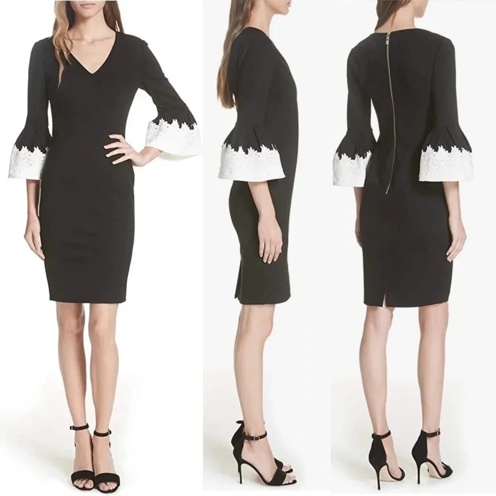 New Ted Baker Rastrel Sheath Dress Black White Bell Sleeve NWT Cocktail XS